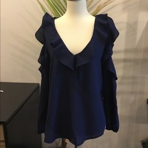 Navy Cold Shoulder Ruffle Top